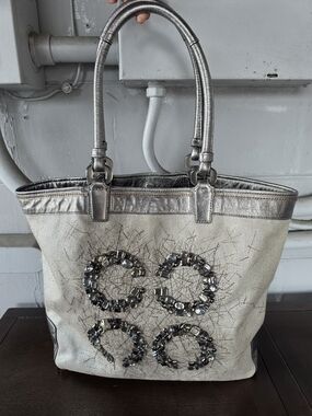 Coach Metallic Silver-Beige Jeweled Tote